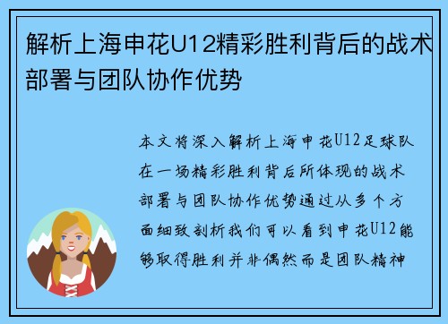 解析上海申花U12精彩胜利背后的战术部署与团队协作优势 解析上海申花U12精彩胜利背后的战术部署与团队协作优势